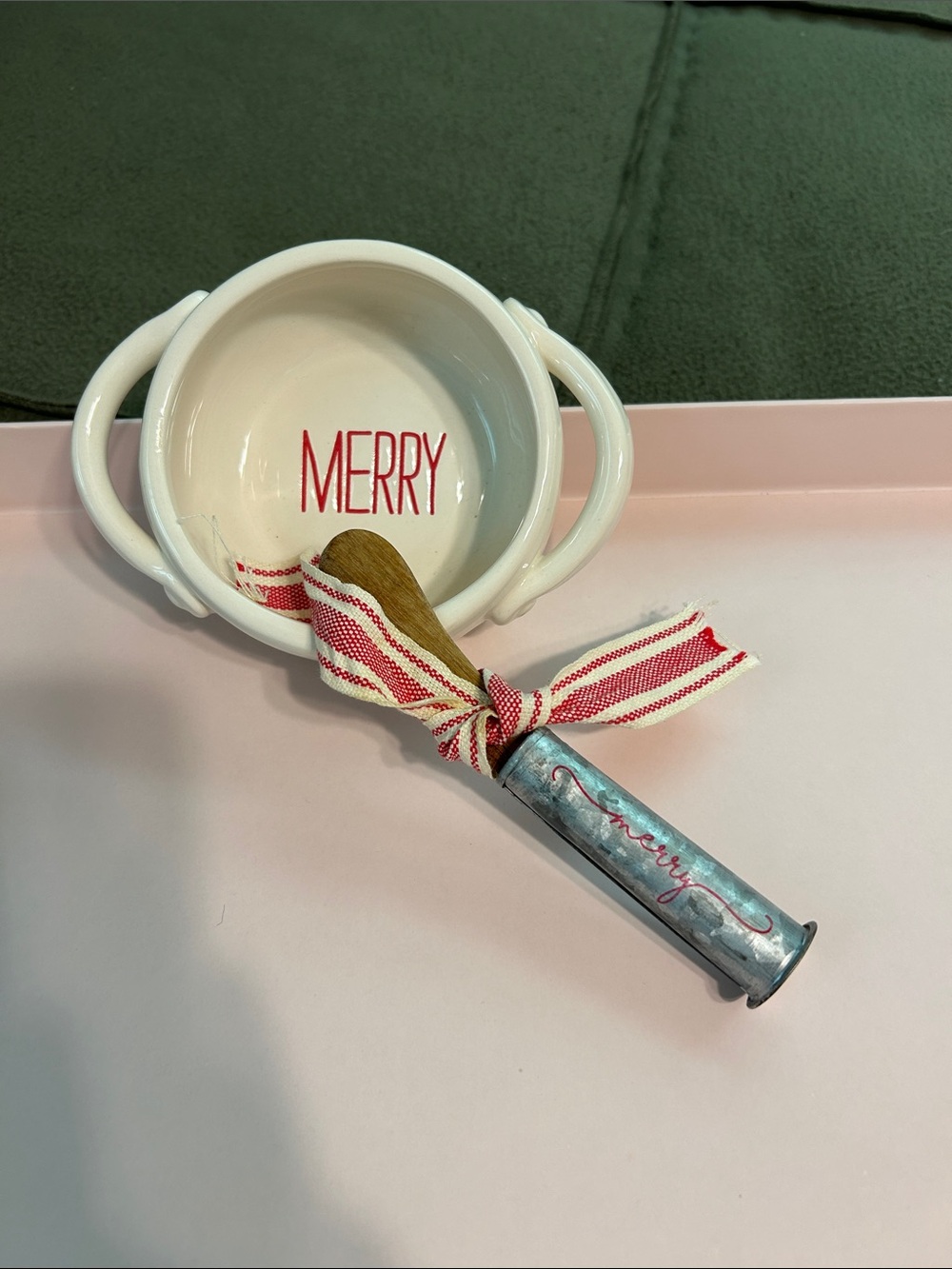 Merry White Ceramic Two-Handled Bowl with Ribboned Spoon